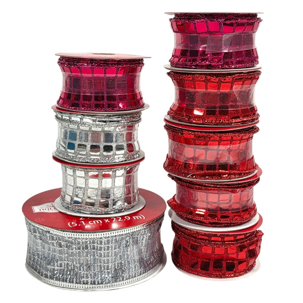 Disco Ball Mosaic Grid Wired Edge Ribbon Lot 9 Spools 49 Yds Red Silver Pink